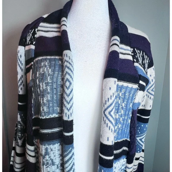 Longline Knit Cardigan Sweater Duster Geometric Aztec Boho Southwestern purple - Picture 10 of 11